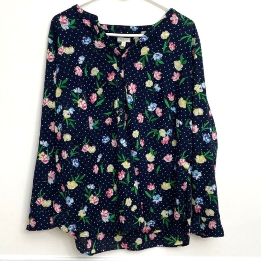 Talbots Woman Blouse Tunic Top 2X Navy Blue Floral Polka Dot Cotton L/S Roll Tab